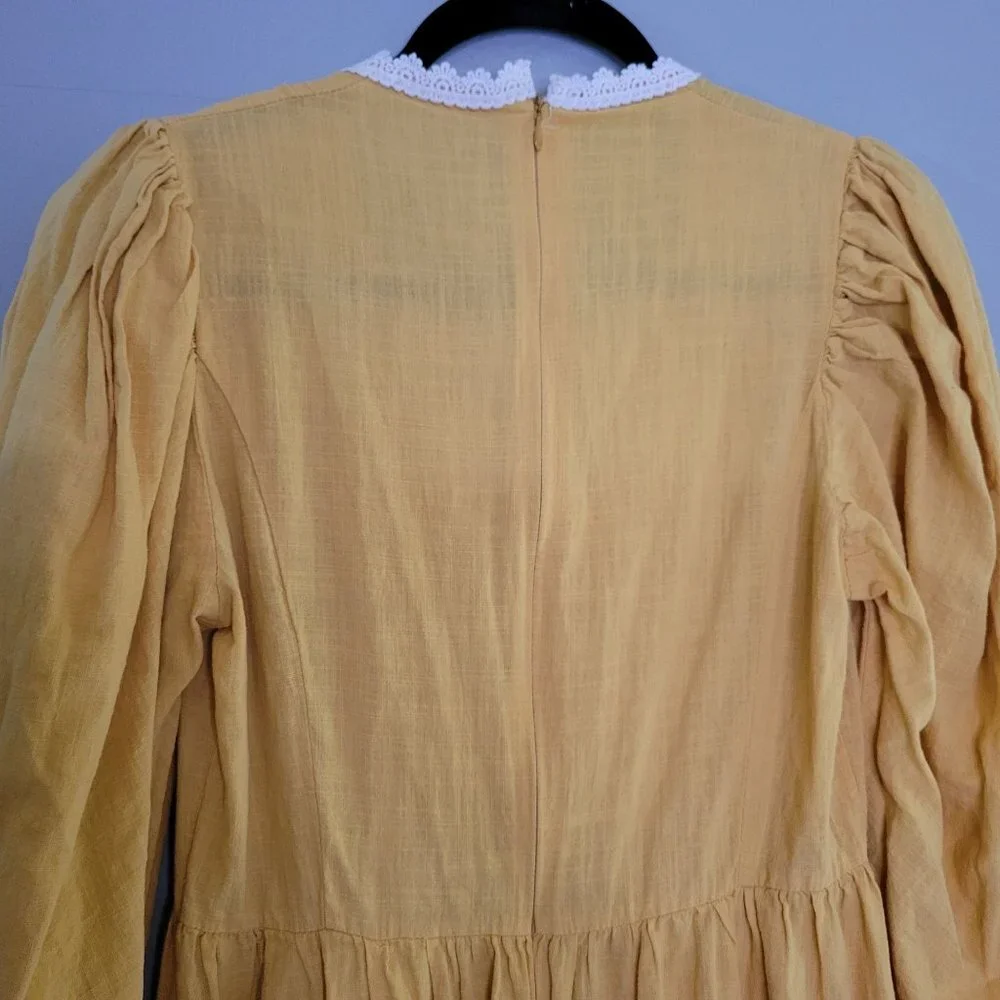 Victorian‎ Women's M Prairie Cottage Core Dress Long Sleeve Crochet Mustard